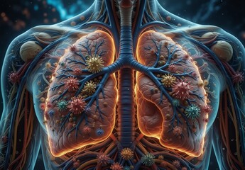 anatomical illustration of human lungs infected with virus particles, representing respiratory illness and infection.