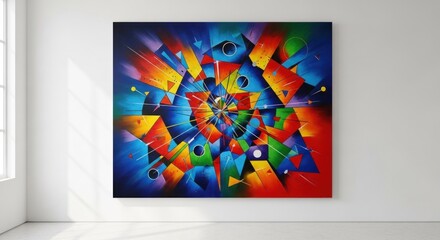 A vibrant, abstract painting with a geometric, colorful design featuring a mix of blue, red, yellow, and black shapes and patterns.