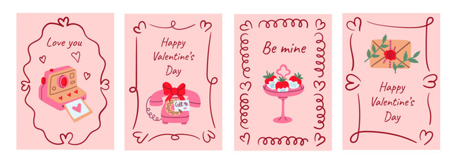 Set of cute Valentine cards featuring instant camera, rotary phone, chocolate strawberries, and sealed love letter with heart borders and romantic messages, perfect for printable greetings.