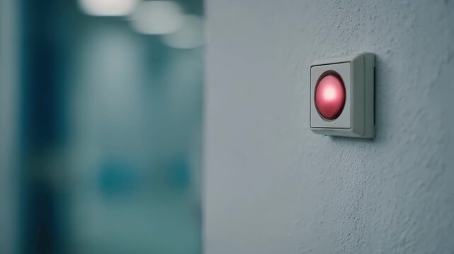 Medium shot of a person pressing a silent emergency alert button on a wall capturing urgency and quick response in a secure setting.