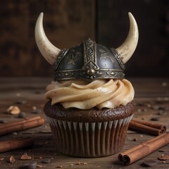 Fototapeta premium a whimsical chocolate cupcake topped with a miniature viking helmet and cinnamon sticks on a rustic wood surface.