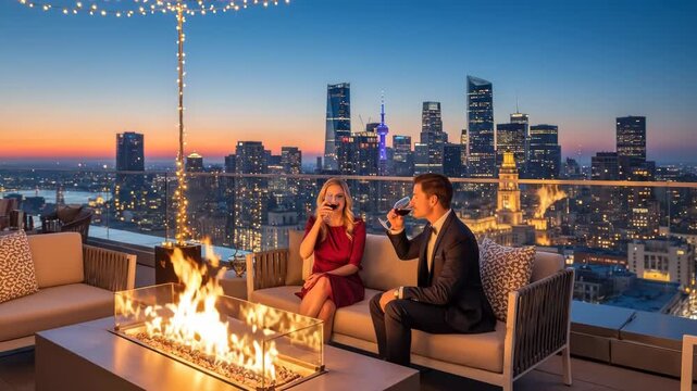 Couple enjoying a romantic evening on a rooftop bar with city skyline views