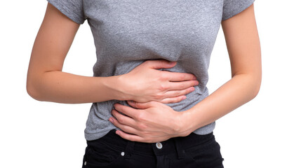 Close up of a young woman experiencing intense abdominal pain, highlighted by a red overlay on a transparent background, emphasizing the discomfort and need for medical attention