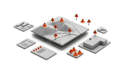 A complex map illustration in a modern architectural style, showcasing different layers of land. Featuring clean lines and a neutral palette.