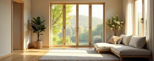 Peaceful home interior, ideal for mediation and relaxation, featuring calming colors and natural light Perfect for a sense of tranquility and inner peace , minimalist, comfortable, mindfulness