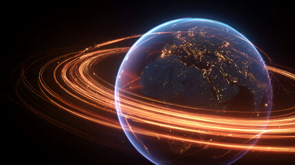 Stylized earth with glowing orbital rings