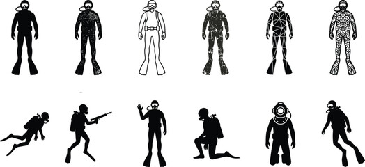 Diver silhouette illustration set, underwater action poses, cad drawing flat vector artwork design
