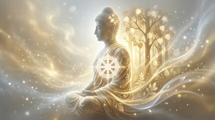 Ethereal Lord Buddha Silhouette with Golden Bodhi Tree Double Exposure and Sacred Geometry