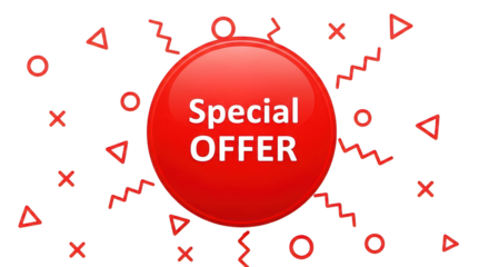 Red special offer button with decorative shapes for promotion isolated on transparent background