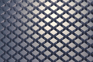 Modern abstract 3D pattern of silver metallic cubes in a diagonal grid layout background