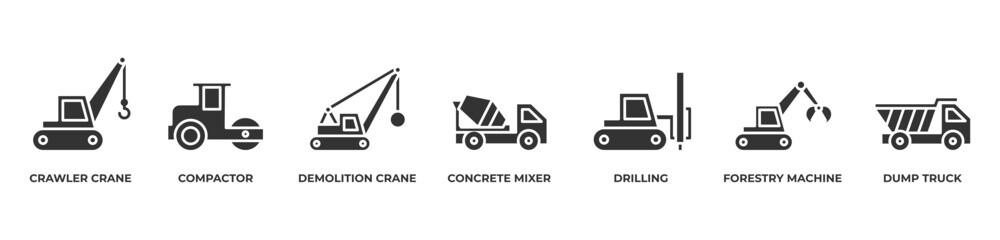 Industrial Machinery Lineup Icons set vector illustration glyph with Crawler crane, Compactor, Demolition crane, Concrete mixer, Drilling, Forestry machine, Dump truck © layinatus