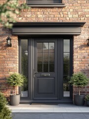 Elegant Front Door Design with Brick Wall and Potted Plants