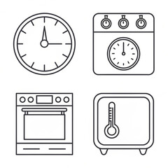 Obraz premium Line art kitchen timers, ovens, and thermometers icons, useful for cooking tutorials, baking apps, smart kitchen tech interfaces, food preparation infographics