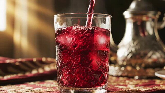 Iced vibrant red hibiscus beverage pouring into crystal glass