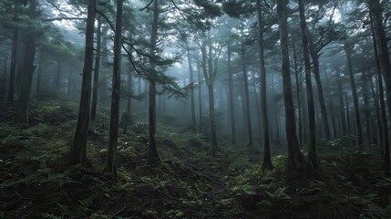 Fototapeta premium Serene Forest Landscape with Fog and Lush Greenery in Morning Light