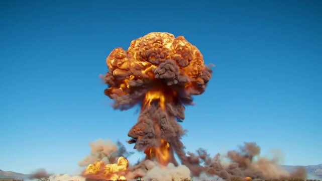Massive nuclear explosion creating a mushroom cloud in a desert landscape. Realistic atomic bomb blast with fire, smoke, and shockwave for war concepts.
