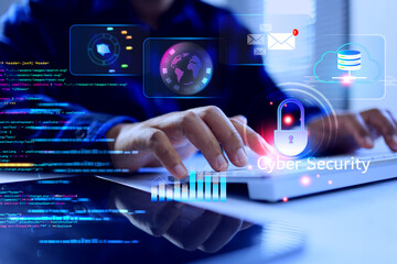 cyber security concept with a programmer touch on virtual lock icon represent to protection from cyber crime or data breach
