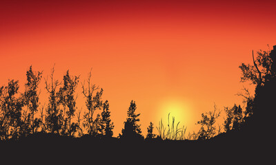 Orange Sunset Landscape with Tree Silhouettes