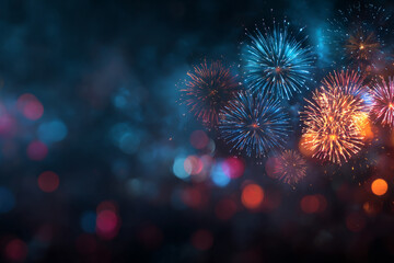 vibrant blue and orange fireworks explode against a dark background with bokeh lights