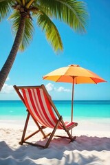Relaxing beach scene with a striped deck chair and a vibrant beach umbrella providing shade on a sunny day Perfect for summer vacation themes , sun, drink, umbrella