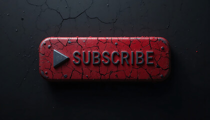 Futuristic red neon sign for social media subscription on dark, atmospheric cracked rock.