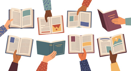 Diverse hands holding open books for education learning