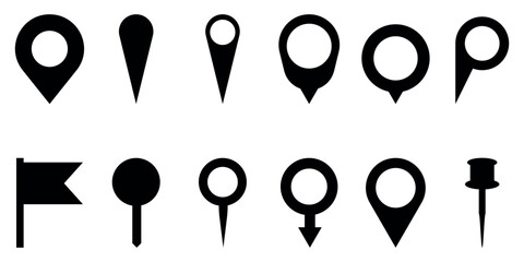 Diverse collection of black map marker and location pin icons for navigation and digital application interfaces © Tanvir Khan