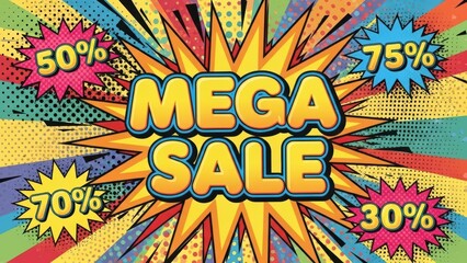 Fototapeta premium Mega Sale Discount Offer Comic Pop Art Banner with Starburst