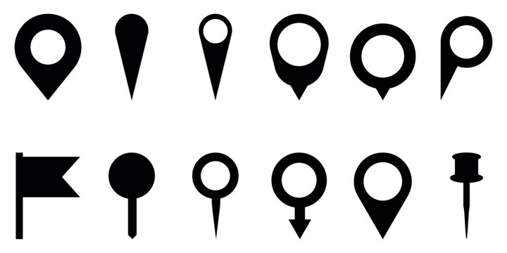Diverse collection of black map marker and location pin icons for navigation and digital application interfaces
