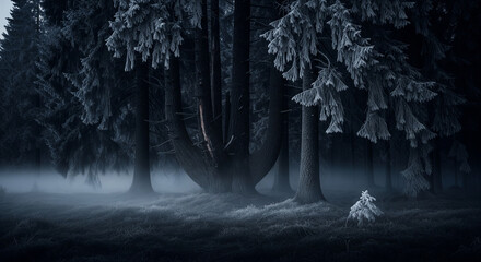  A dark, moody forest in Scandinavia during a winter twilight. Deep charcoal and navy blue tones, thick swirling mist clinging to the base of ancient, gnarled spruce trees. A sense of mystery and soli