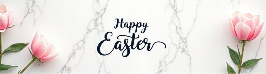 Fototapeta premium Three pink flowers on a marble surface with a happy easter message