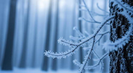  A macro-focused shot of a winter forest, emphasizing the texture of frost on bark and branches in the foreground, with a soft-bokeh background of foggy, blurred blue-ish trees. Cool color palette,