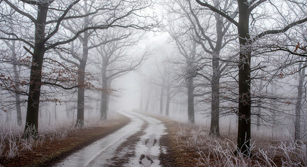  A perspective shot looking down a winding dirt path through a foggy winter woods. The path is partially covered in slush and ice, lined by skeletal oak trees dripping with frozen mist. 