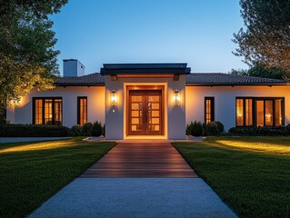 Elegant Modern Home Exterior at Dusk with Warm Lighting Effect
