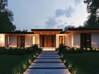 Modern Single-Story House with Elegant Pathway and Lush Landscape