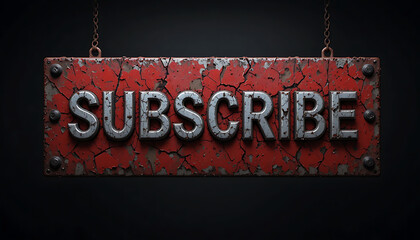 Edgy 3D rendered subscribe call-to-action featuring dramatic lighting and a distressed red metallic finish.