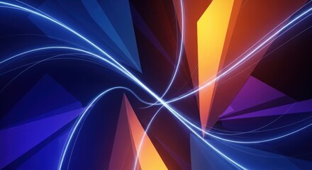 A vibrant, abstract digital artwork featuring a mix of blue, orange, and purple geometric shapes and lines, set against a dark background.