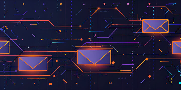 Cyfrowe tło z ikonami kopert i siecią połączeń &ndash; poczta elektroniczna, komunikacja online i bezpieczeństwo danych.