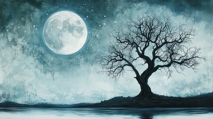 Majestic Moon Over Leafless Tree in Tranquil Night Landscape
