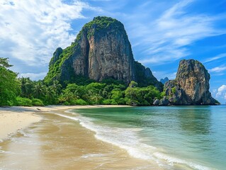 Scenic Tropical Beach with Lush Green Mountains and Clear Water