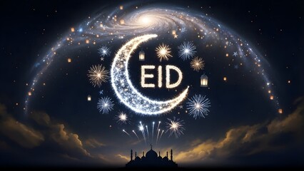 Naklejka premium Eid Mubarak greeting concept with glowing crescent moon, hanging lanterns and mosque silhouette in starry sky