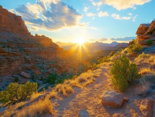 Sunset Over Rugged Canyon Landscape with Golden Sunlight Rays