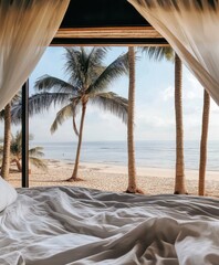 Serene Beachfront View from Cozy Bedroom with Soft Linens