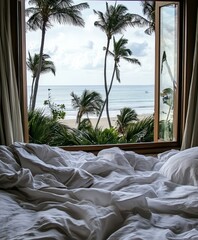 Serene Ocean View from Cozy Bedroom with Tropical Landscape