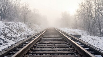 Fototapeta premium A winter train tracks stretching into a misty horizon, an evocative composition of transportation and nature's quiet beauty.