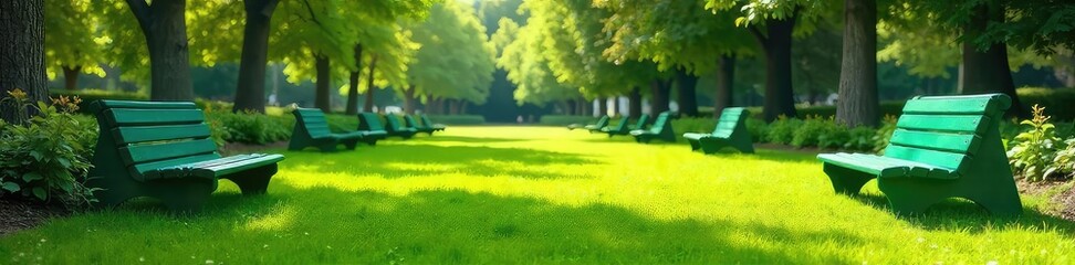 Relaxing view of verdant lawn with empty green seats ready for a picnic or outdoor event Ideal for summer, park, garden, nature, leisure themes , texture, event, nature