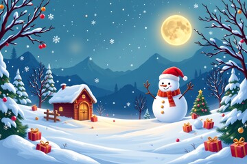 Obraz premium Festive Winter Night Scene with Snowman and Cozy Cabin