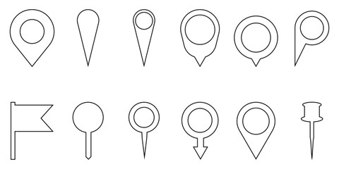 Set of outline location pin map pointer and flag icons for geographic navigation and marker design © Tanvir Khan