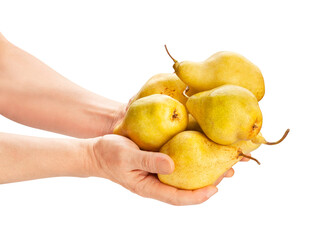 yellow pears in hand path isolated on white
