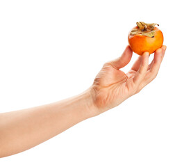 fuyu persimmon in hand path isolated on white